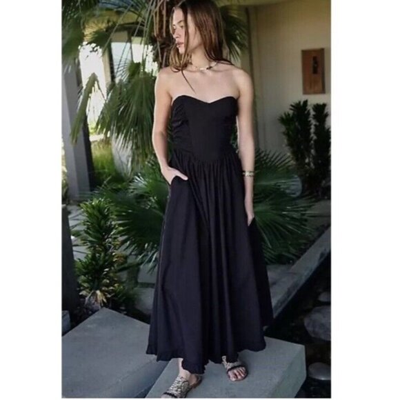Free People Dresses & Skirts - New Free People Cohen Poplin Midi Dress Black Drop Waist Medium New Boho